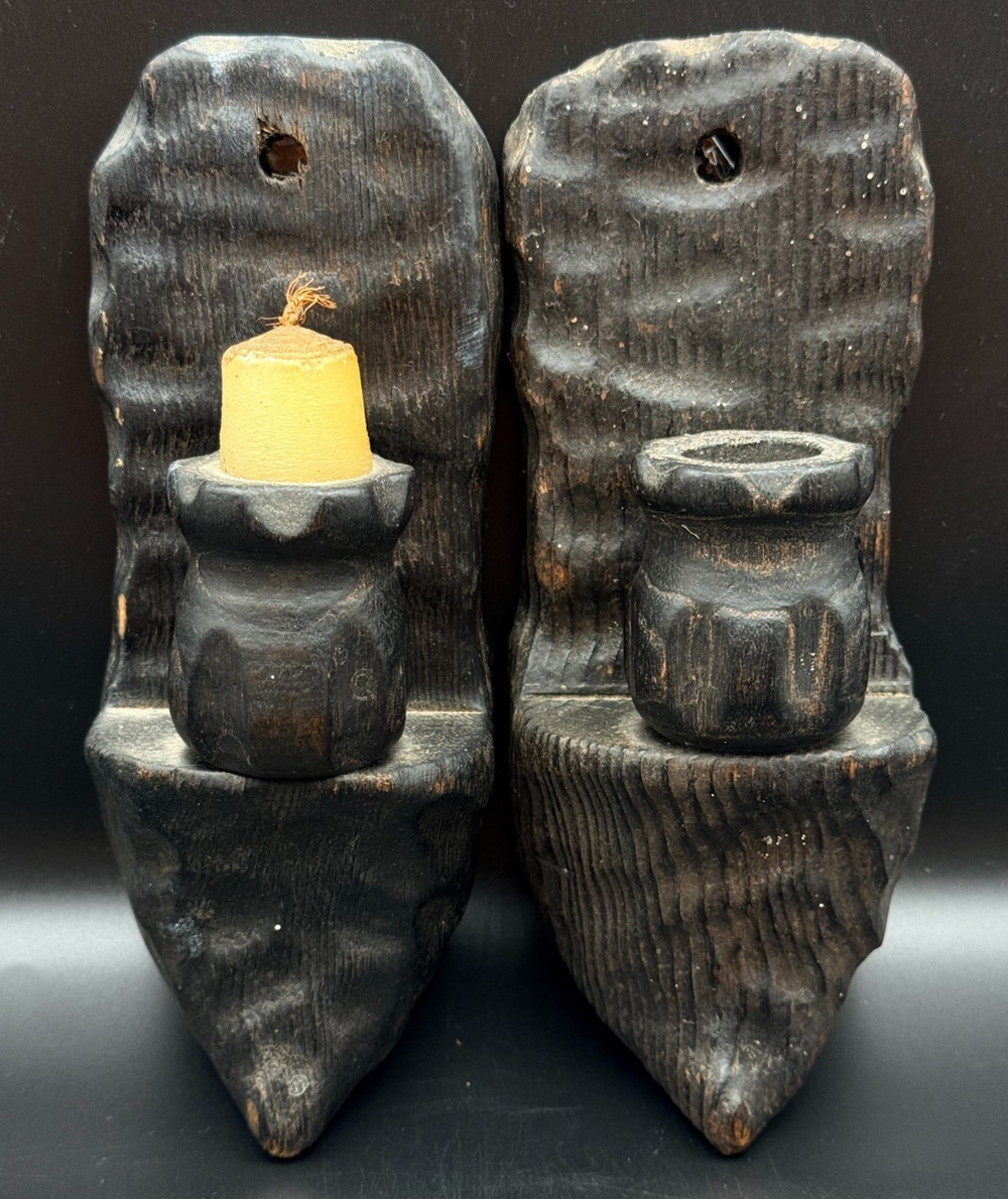 Vtg Pair Spanish Revival Brutalist Wood Pointed Shoe Clogs Candle Wall Sconces
